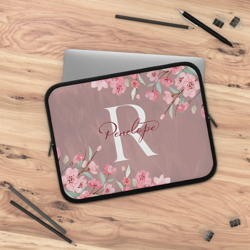Pink Cherry Blossom Monogram Custom Name Laptop Sleeve
